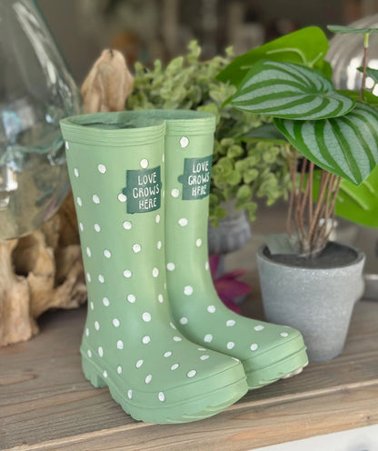 Green Polka Dot Welly Planter