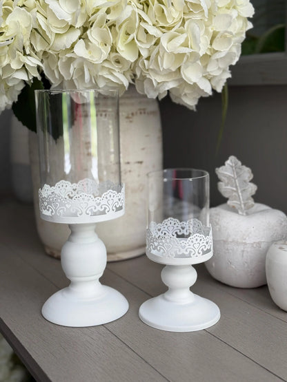 Hand Painted White Metal Candlestick/Lantern/Hurricane