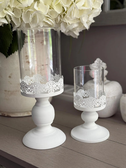 Hand Painted White Metal Candlestick/Lantern/Hurricane