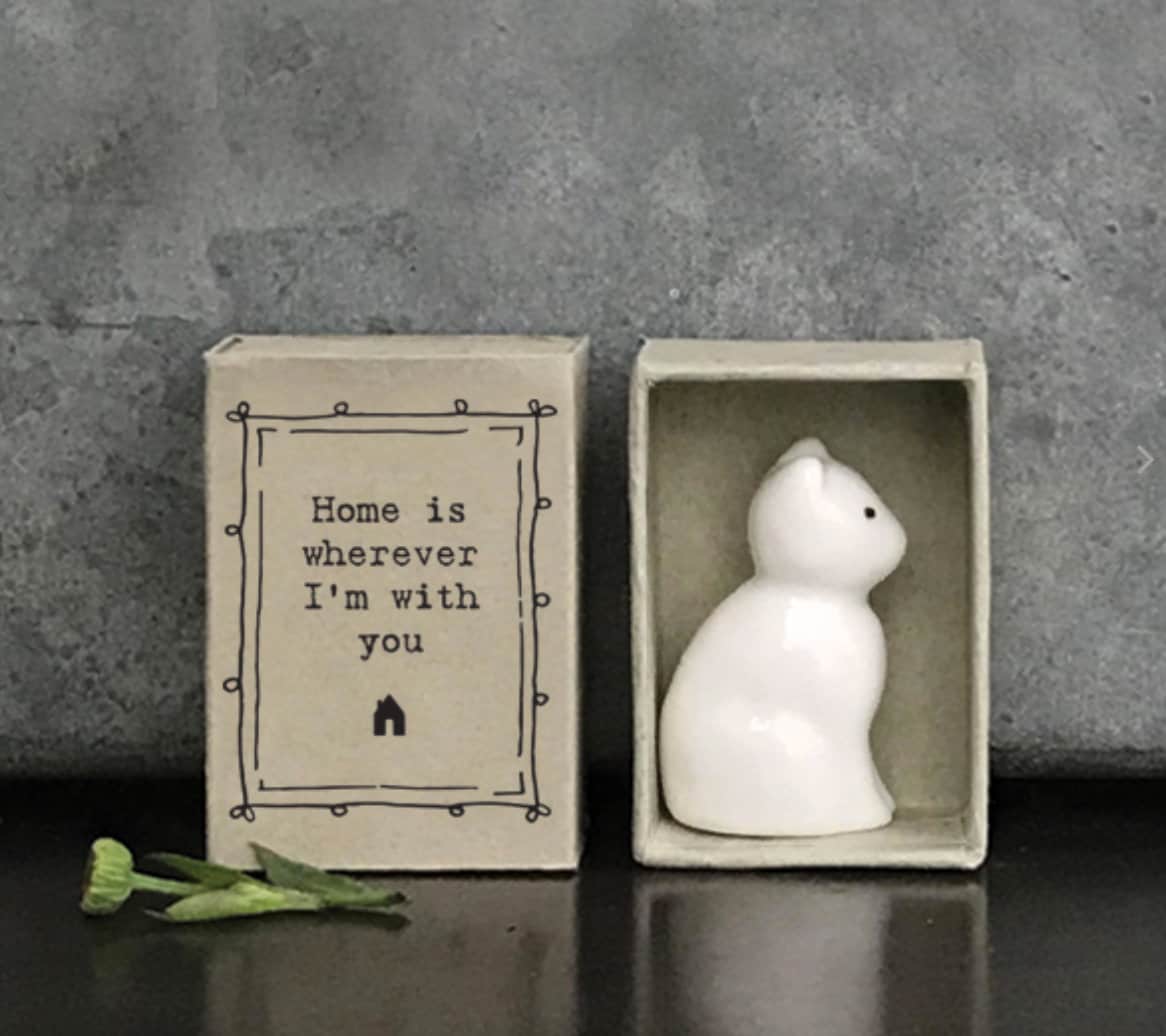 East of India Matchbox Porcelain Cat  "Home is where I am with you"