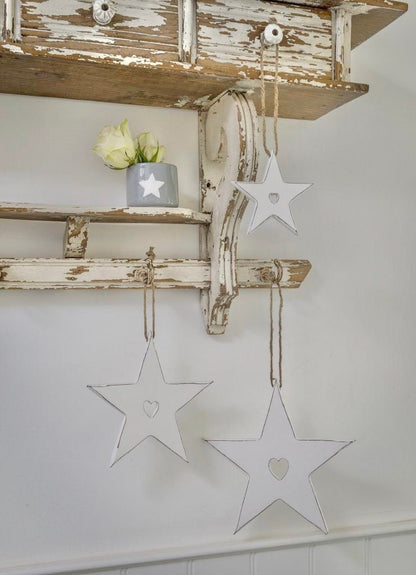 White Stars With Heart Cut Out Detail - Set of 3