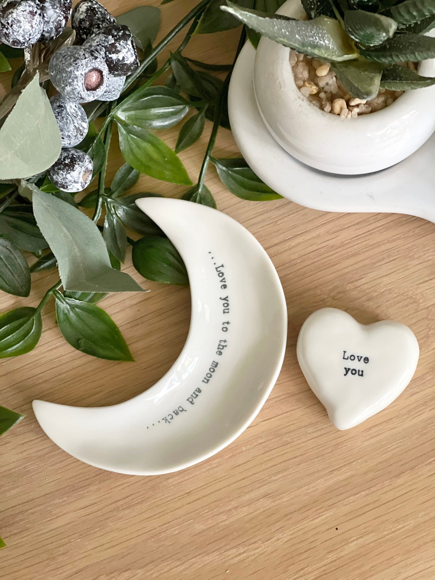 East of India little Porcelain Moon Dish, 'Love you to the moon and back'
