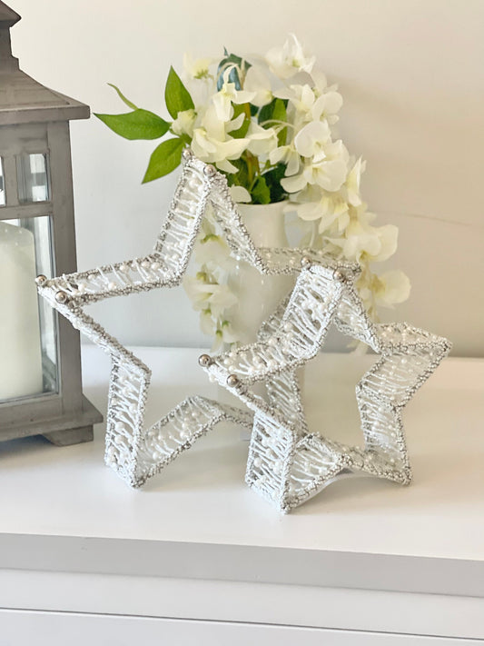 White Beaded Mantel Stars - Set of 2