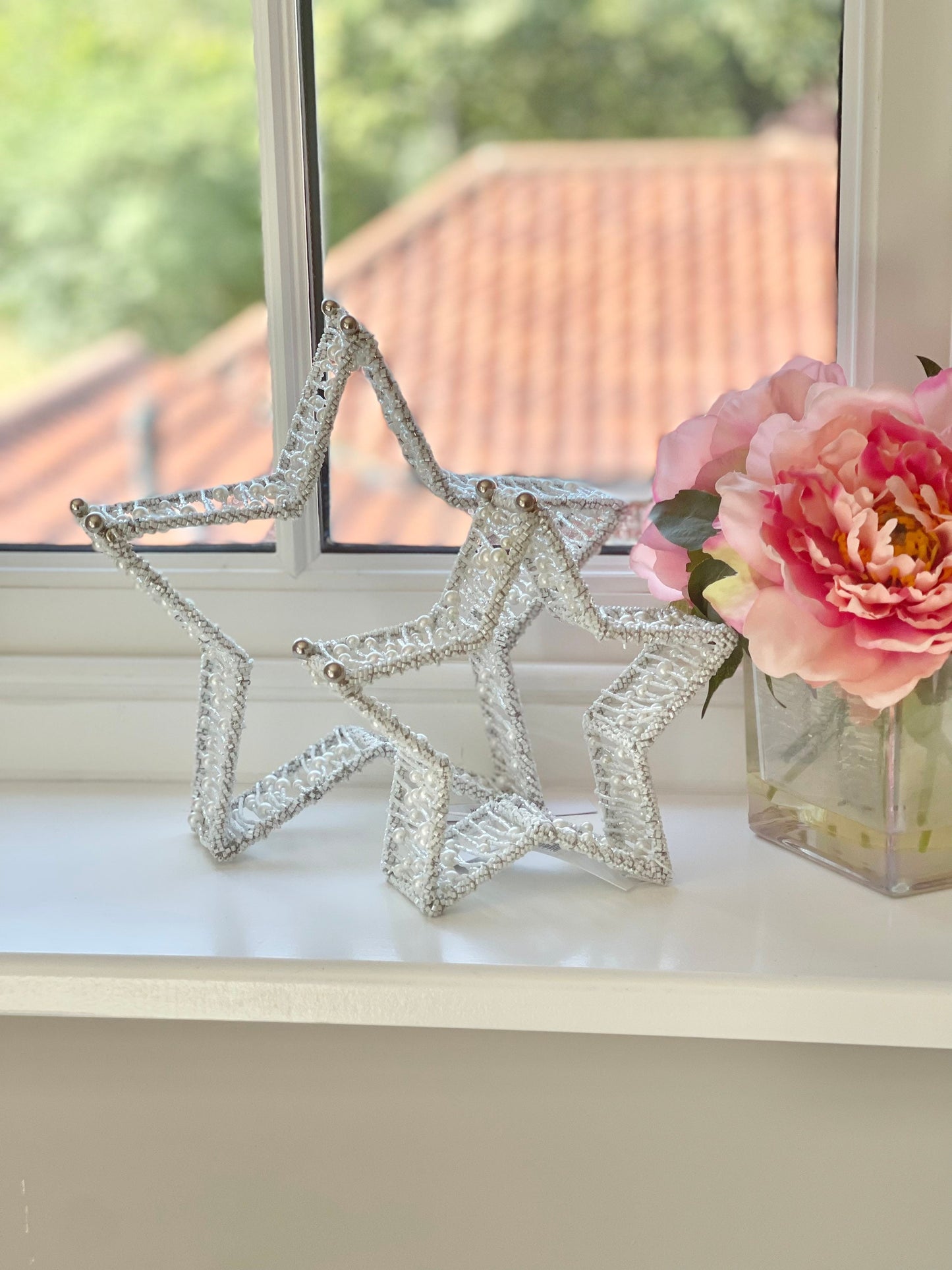 White Beaded Mantel Stars - Set of 2