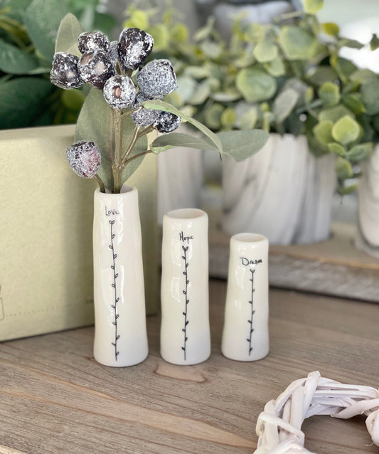 Trio of Porcelain Bud Vases - Love, Hope, Dream