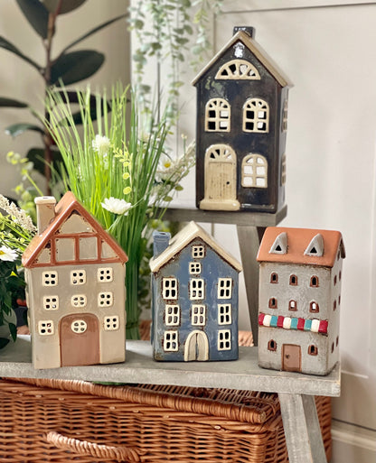 Pale Blue Ceramic House/Cottage Candle Holder with Handle