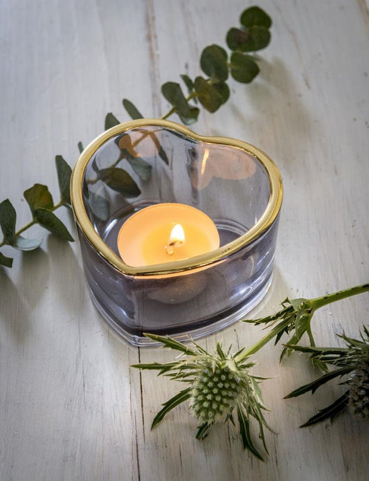 Glass Heart Tea Light Holder with Gold Rim and Tinted Glass