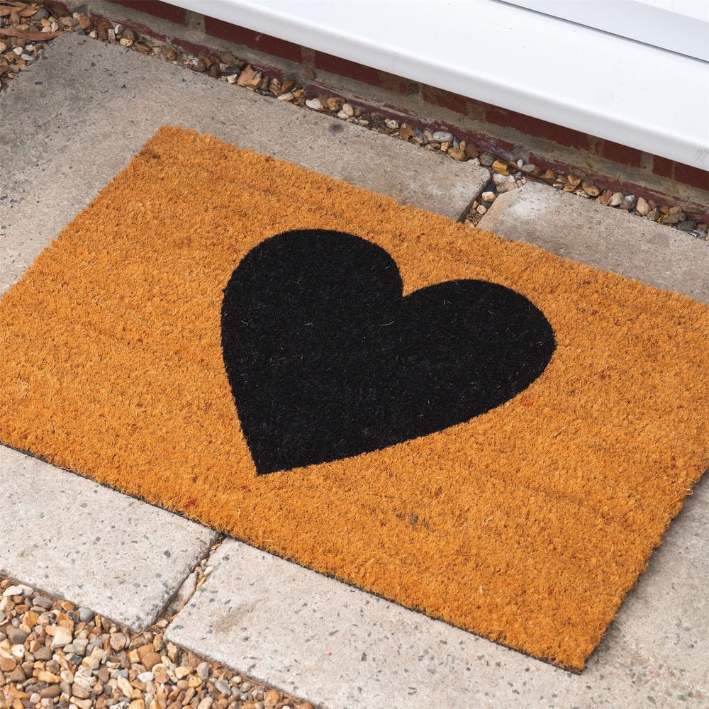 Black Heart Non-Slip Coir Door Mat - 60 x 40cm