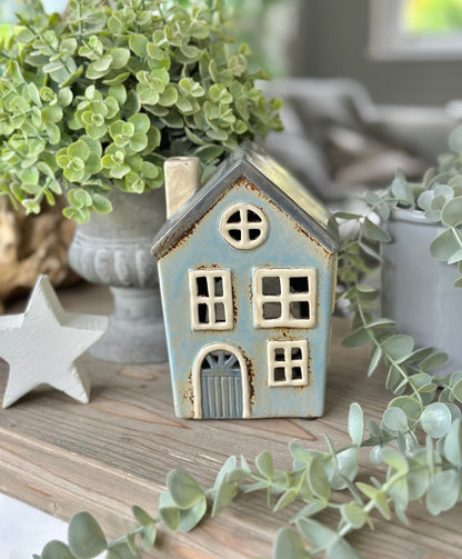Pale Blue Ceramic House /Cottage Candle Holder