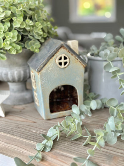 Pale Blue Ceramic House /Cottage Candle Holder