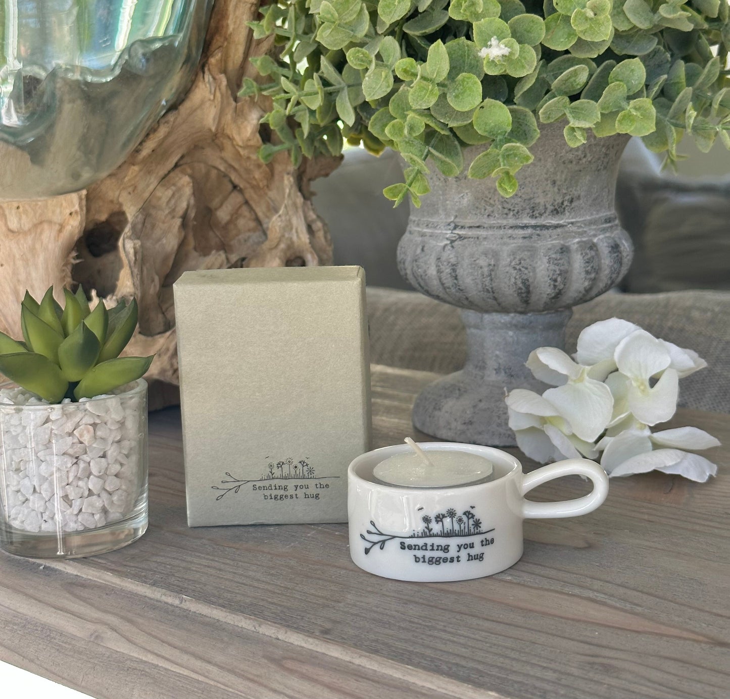 East of India Handled tea light holder - "Biggest Hug”