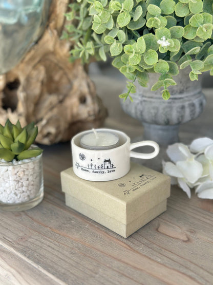 East of India Handled tea light holder - "Home, Family, Love”