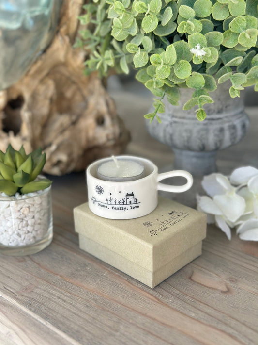 East of India Handled tea light holder - "Home, Family, Love”