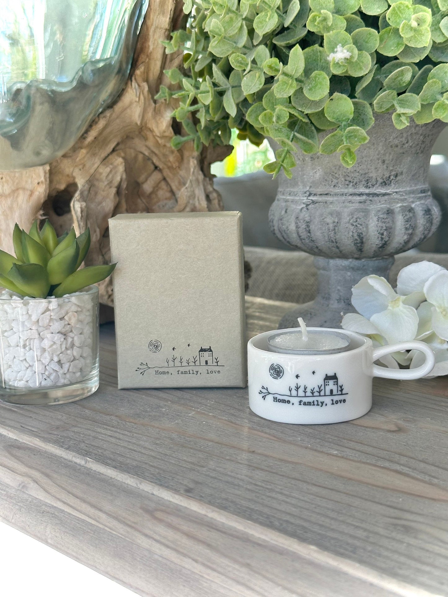 East of India Handled tea light holder - "Home, Family, Love”