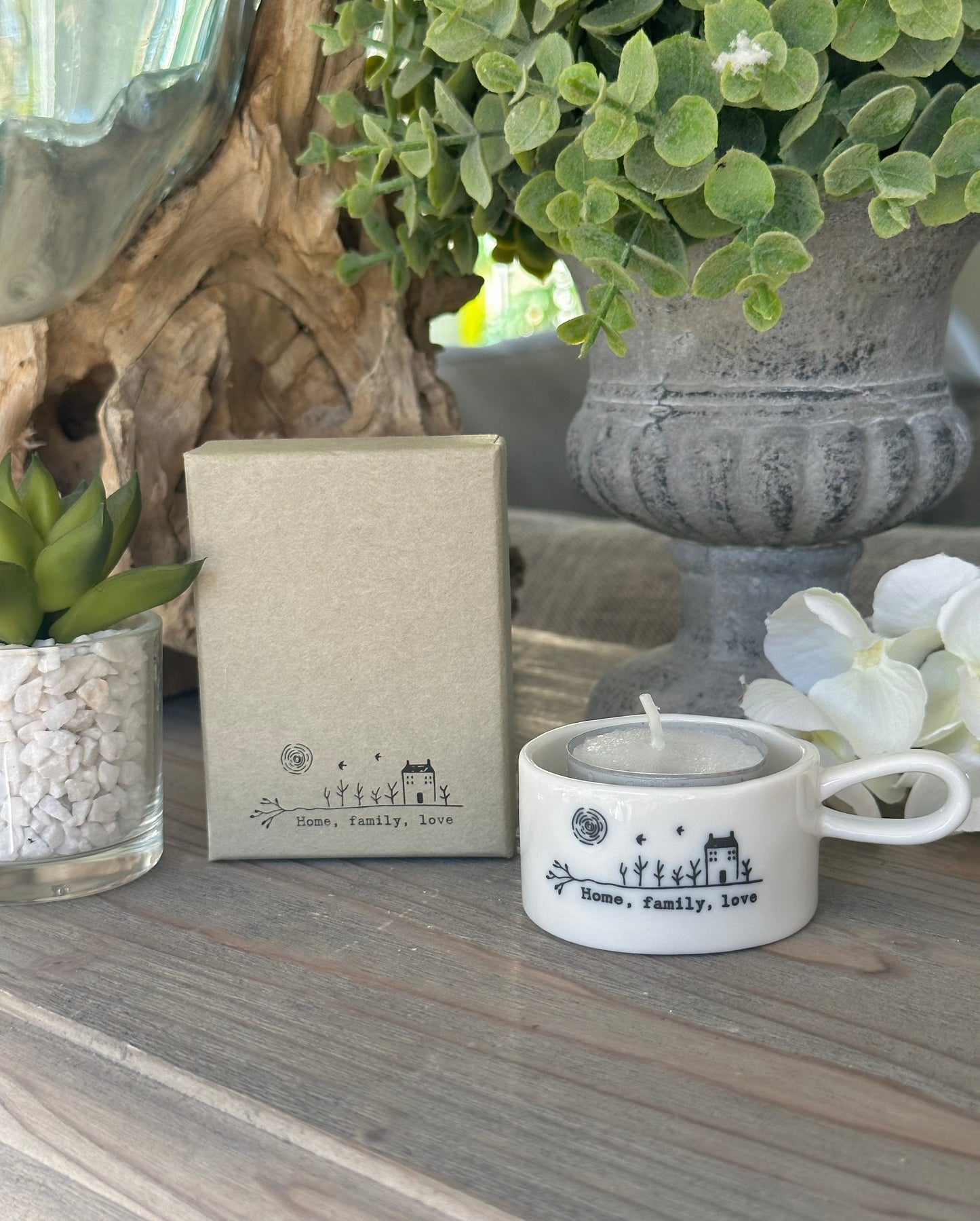 East of India Handled tea light holder - "Home, Family, Love”