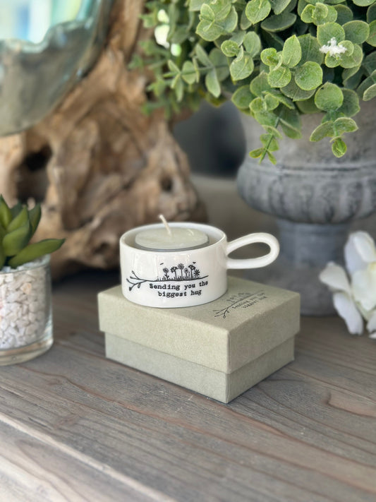 East of India Handled tea light holder - "Biggest Hug”