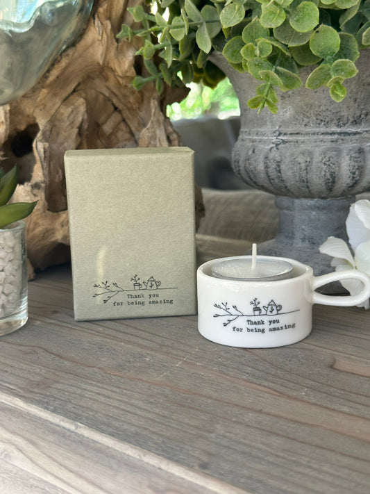 East of India Handled tea light holder - "Thank you"