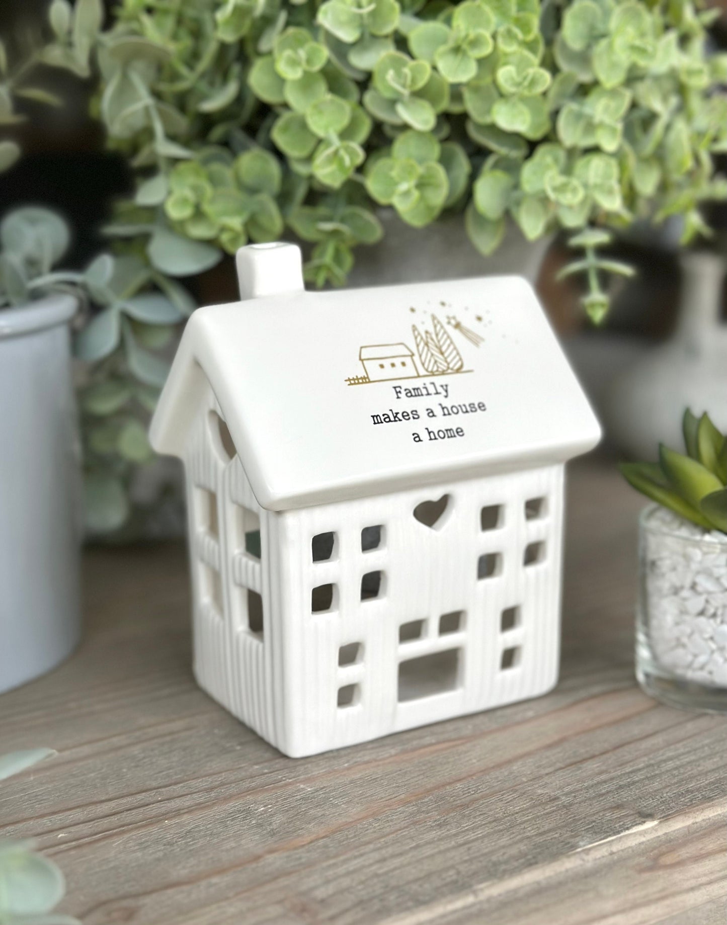 White Ceramic Tea Light House - Family makes a house a home