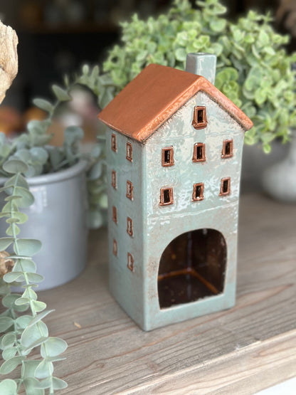 Grey/Blue Ceramic House /Cottage Candle Holder