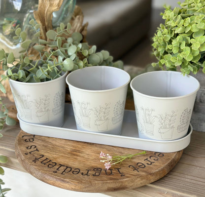 Set of 3 Printed Iron Pots with Tray