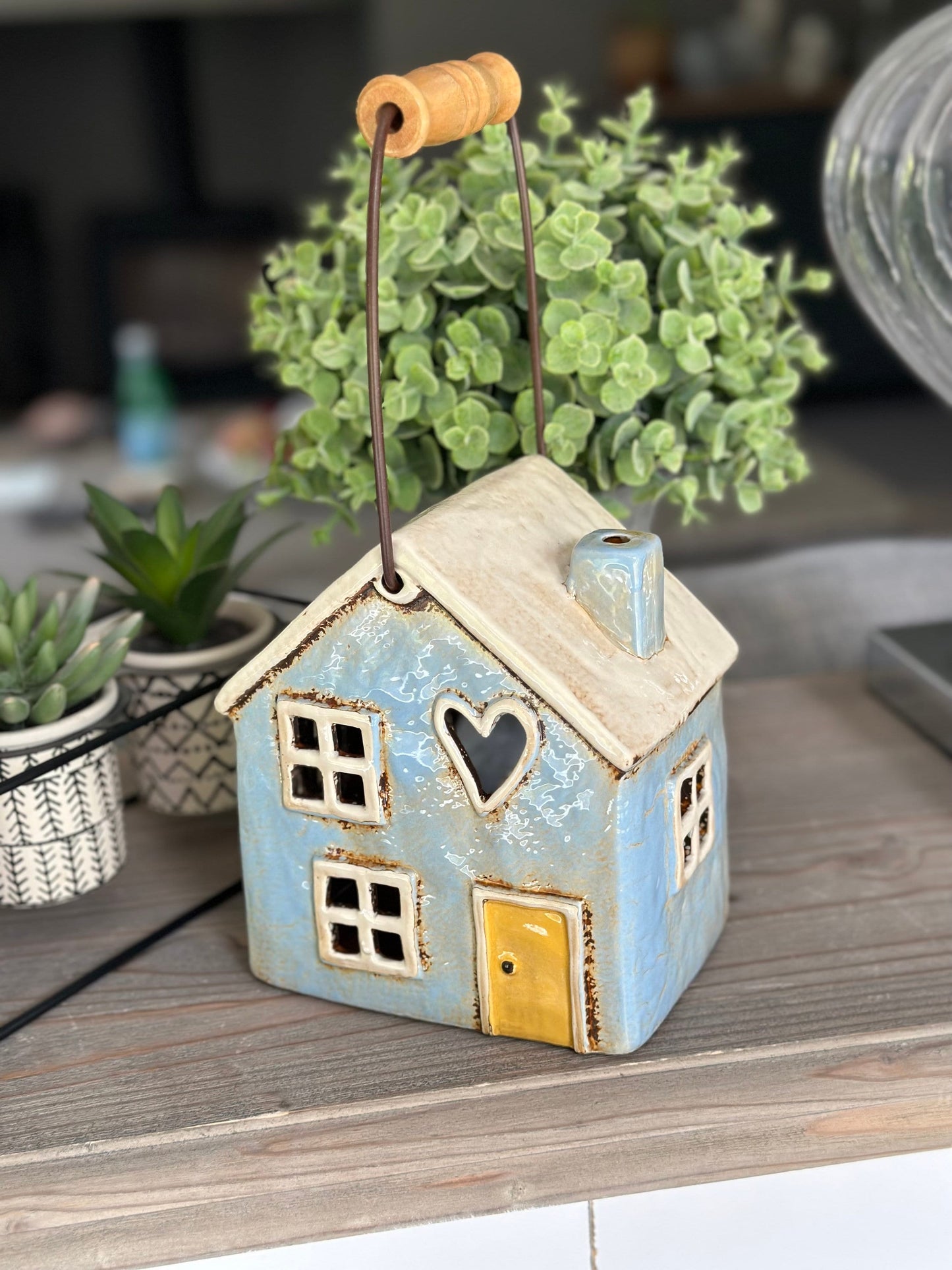 Pale Blue Ceramic House/Cottage Candle Holder with Handle