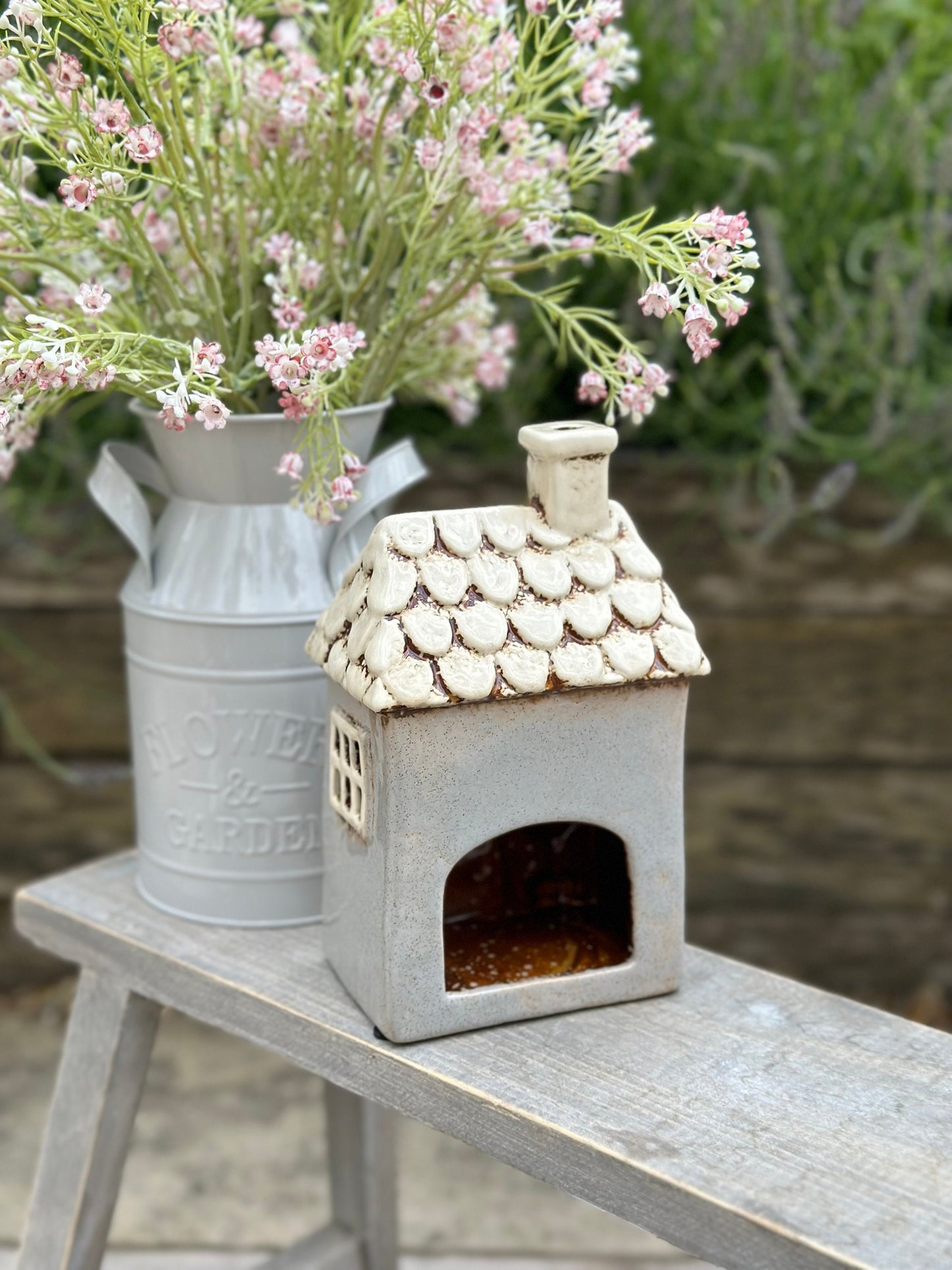 Grey Traditional Village Garden House Candle Holder