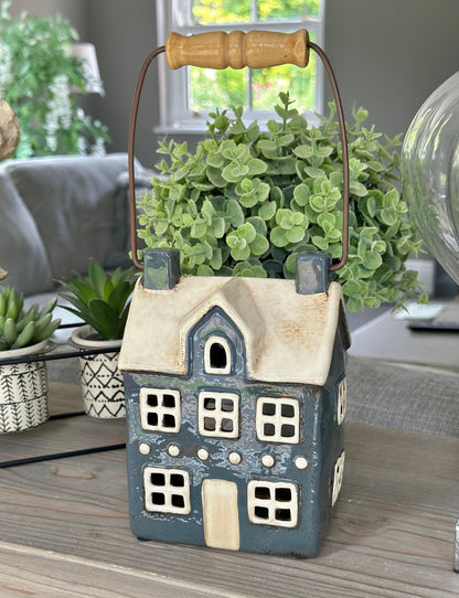 Navy Ceramic House/Cottage Candle Holder with Handle