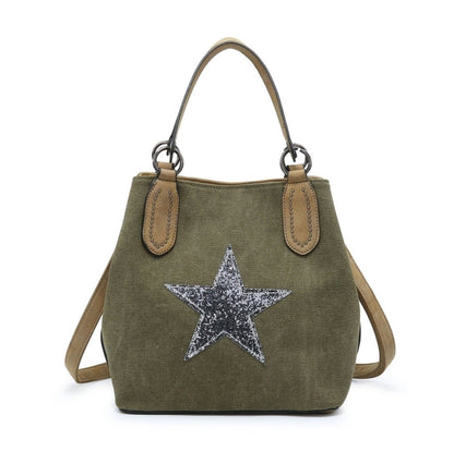 Khaki Canvas Sequin Star Handbag